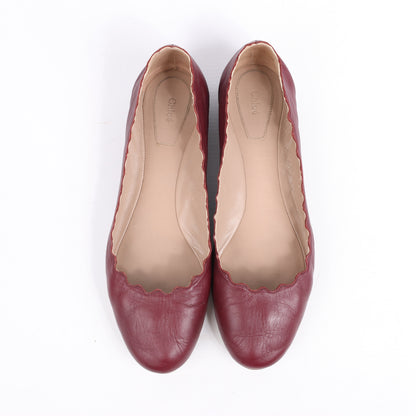 Chloe Leather Scalloped Ballet Flats in Burgundy, Size 38