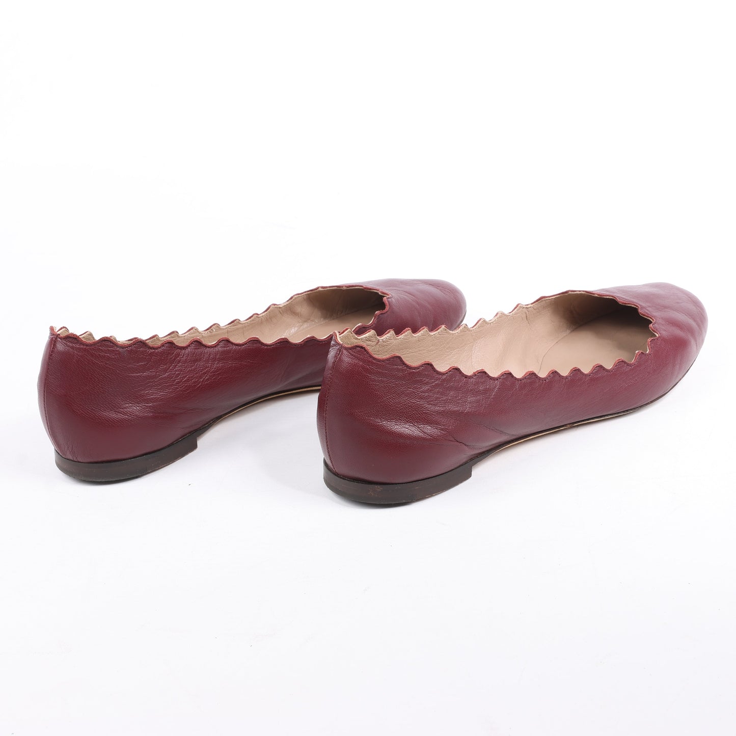 Chloe Leather Scalloped Ballet Flats in Burgundy, Size 38