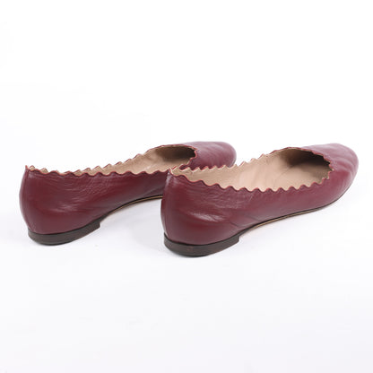Chloe Leather Scalloped Ballet Flats in Burgundy, Size 38