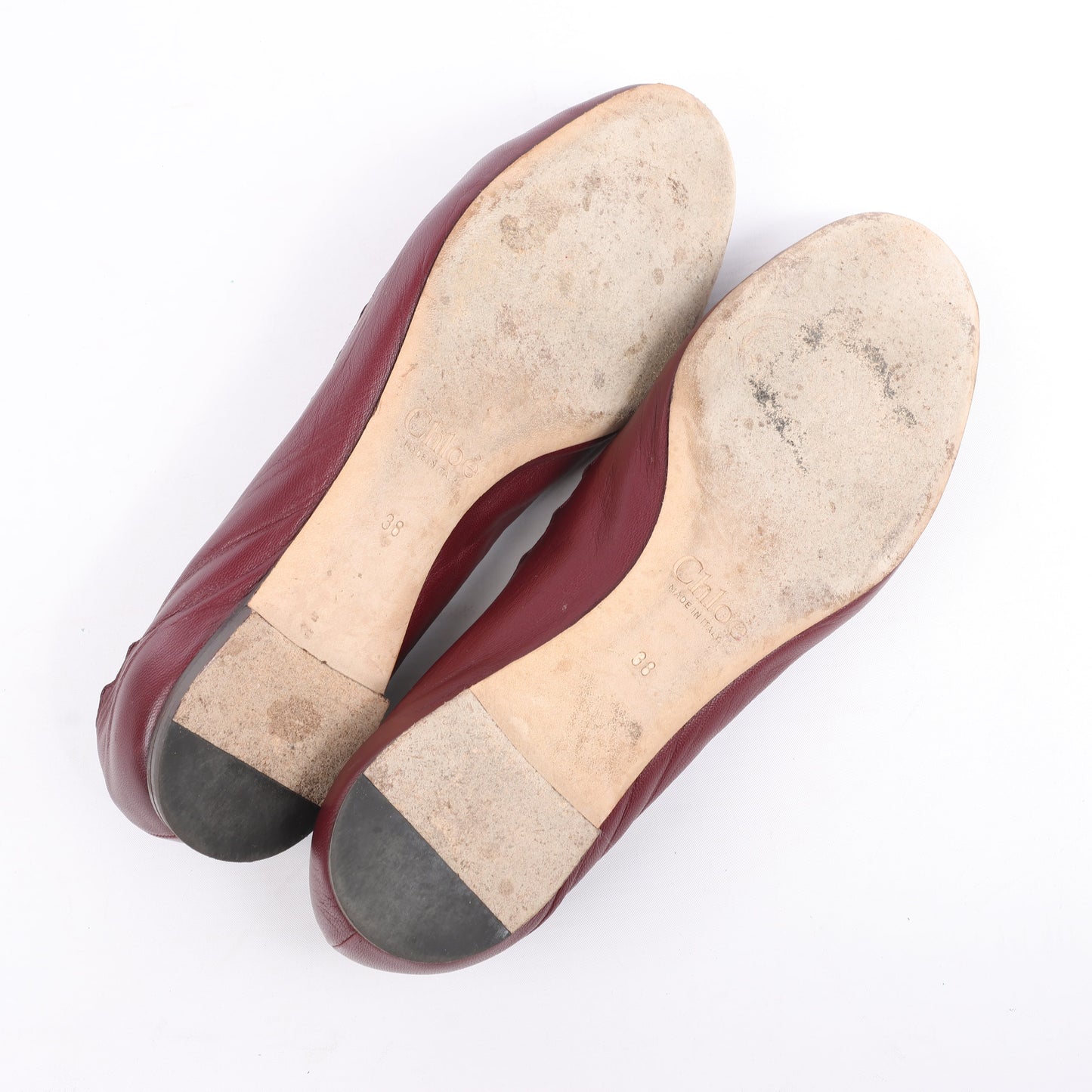 Chloe Leather Scalloped Ballet Flats in Burgundy, Size 38