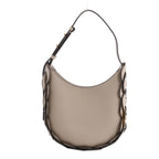 Chloé Darryl Shoulder Bag in taupe grained leather, featuring a rounded hobo silhouette, dark brown interlaced leather detailing along the edges, and an adjustable shoulder strap with gold-tone hardware, displayed against a white background.