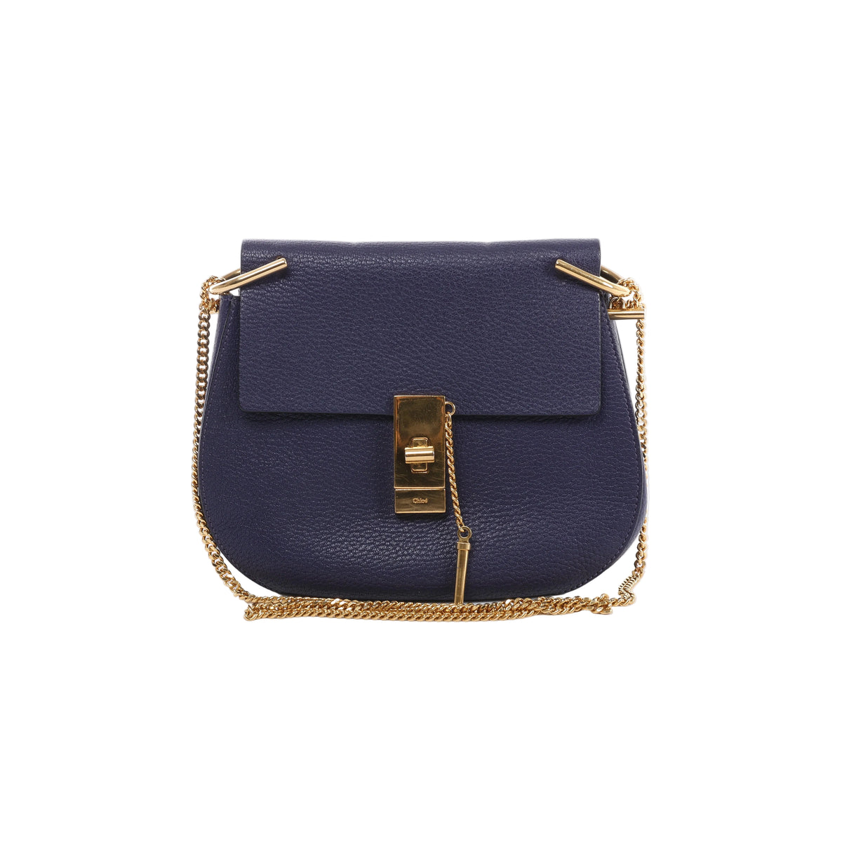 Purple Chloé Drew grained leather bag with a front flap, gold-tone clasp and hanging pin detail, with its chain strap arranged around the sides and base.