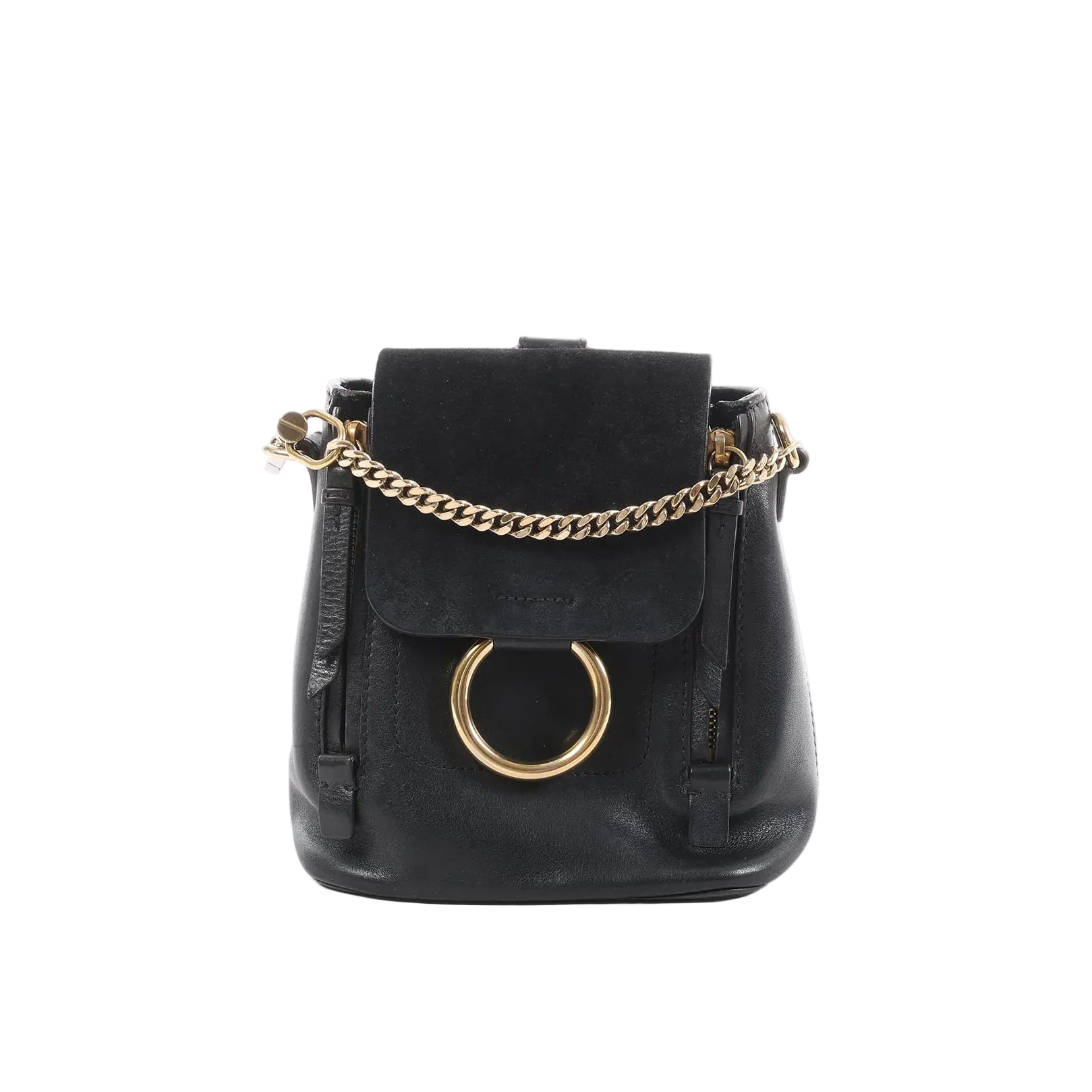 Chloé Faye black leather and suede backpack with gold-tone chain detail and large gold ring on front flap, front view on white background.