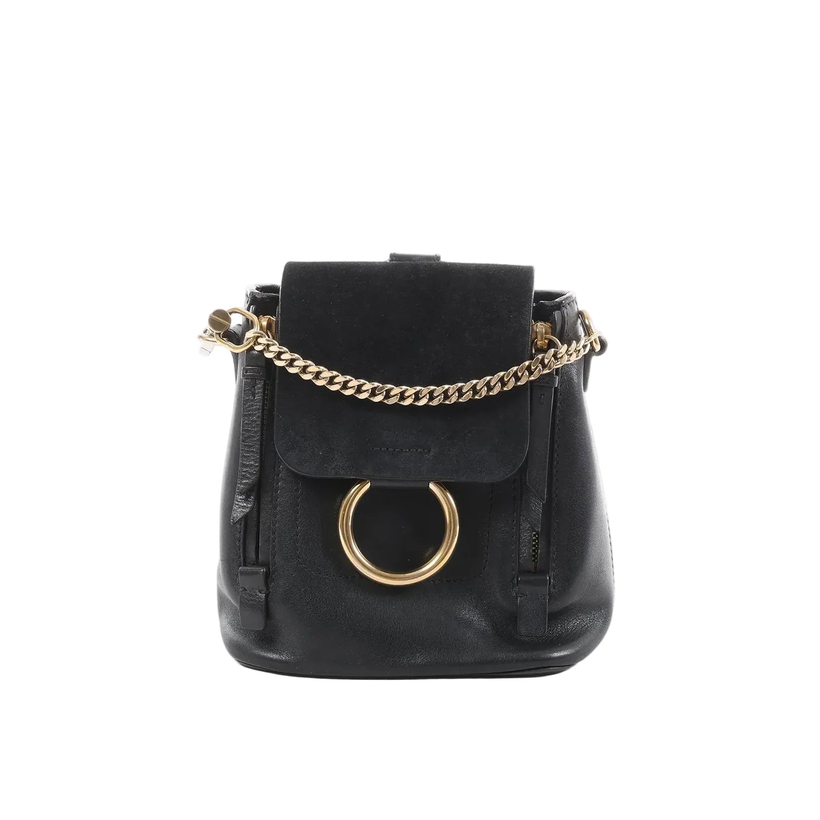 Chloé Faye black leather and suede backpack with gold-tone chain detail and large gold ring on front flap, front view on white background.