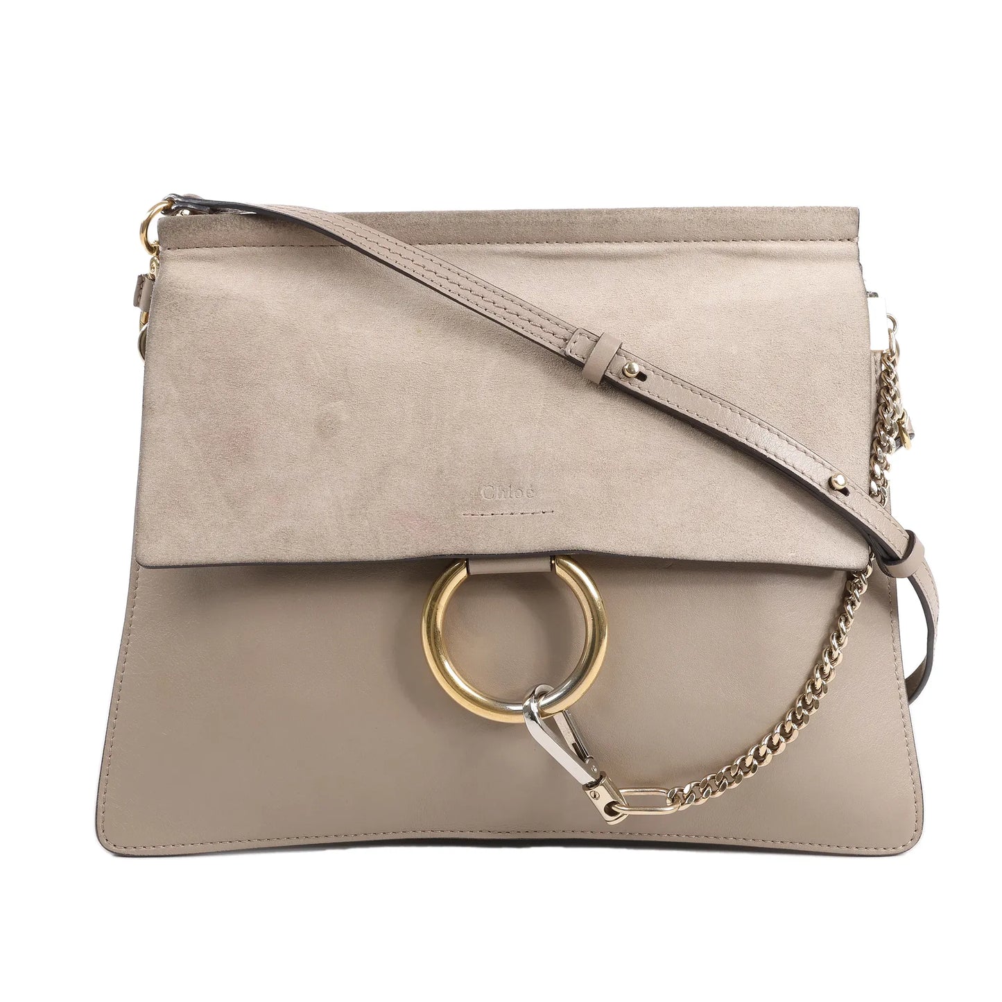 Chloé Faye Shoulder Bag in greige, featuring a mix of suede and leather, with a gold-tone ring and chain detail, adjustable leather strap, and flap closure, displayed against a white background.