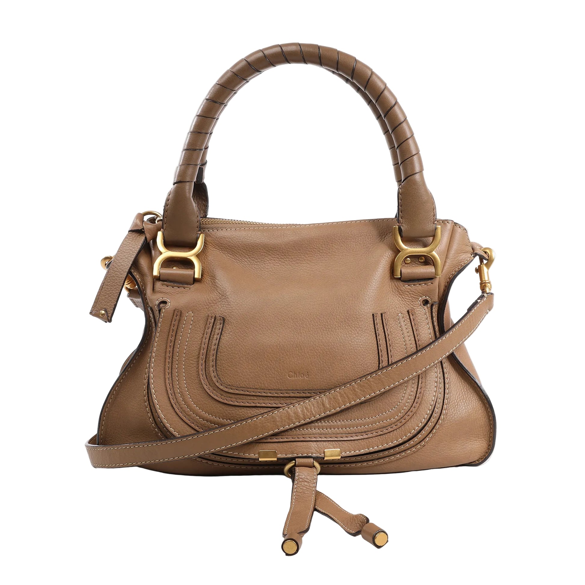 Chloé Marcie Medium 2Way Handbag in brown grained leather with curved front stitching, wrapped leather top handles, detachable shoulder strap, and gold-tone hardware, displayed upright against a white background.