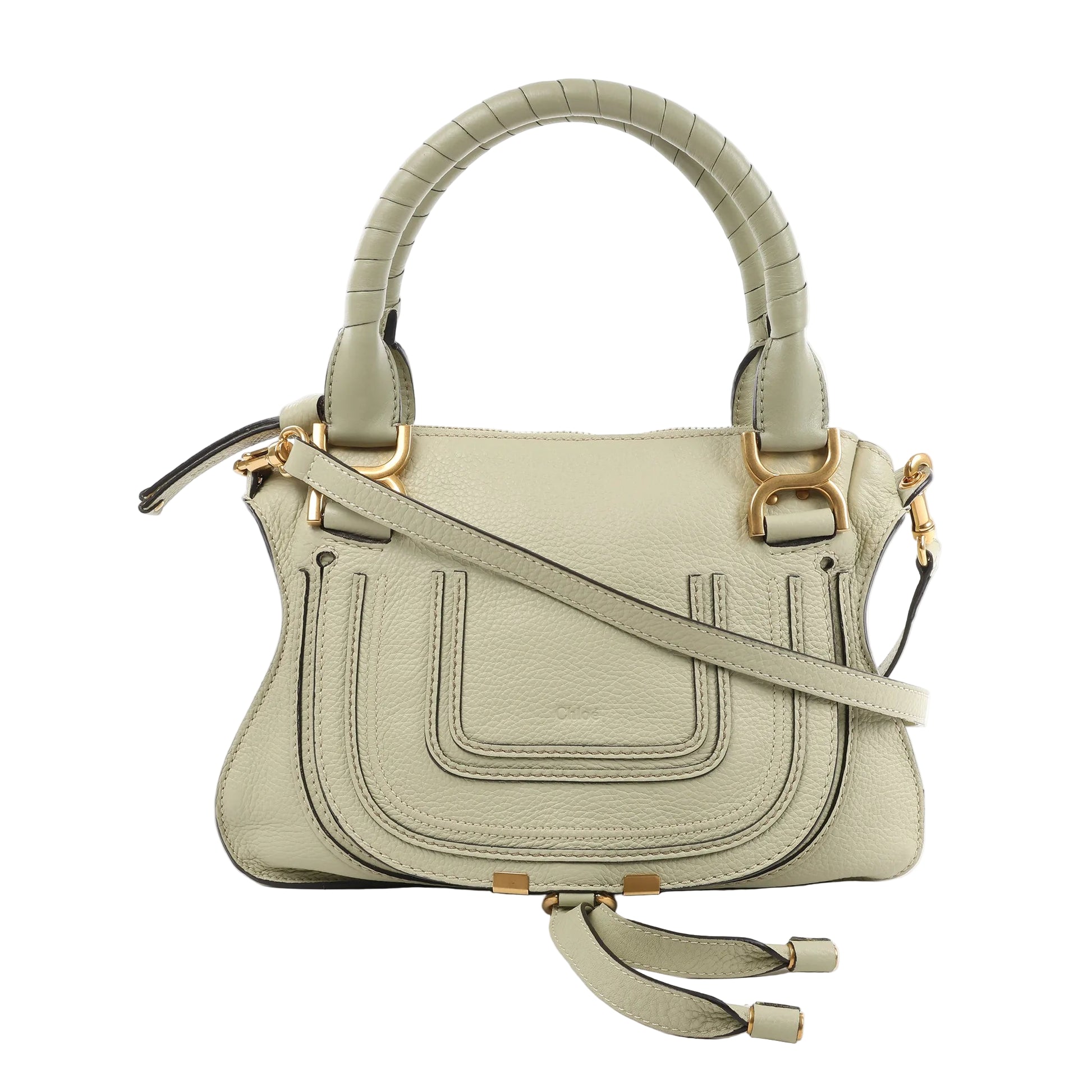 Chloé Marcie Small 2-Way handbag in light green leather with rounded stitched front detail, dual wrapped handles, detachable shoulder strap, gold-tone hardware, and tassel accents against a white background.