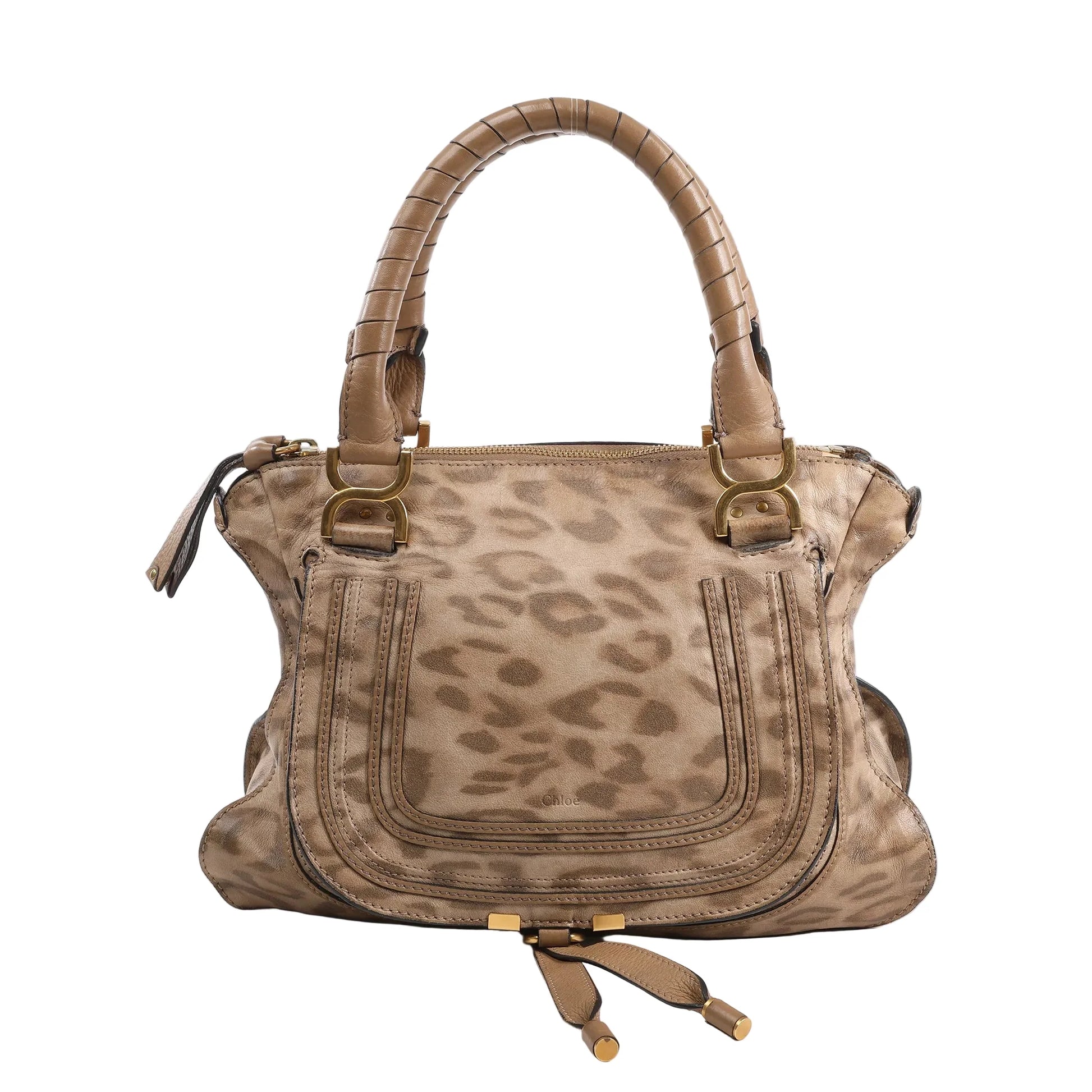 Chloé Marcie Medium Handbag in brown leopard-patterned leather with curved front stitching, wrapped leather top handles, gold-tone hardware, and tassel zipper pulls, displayed upright against a white background.