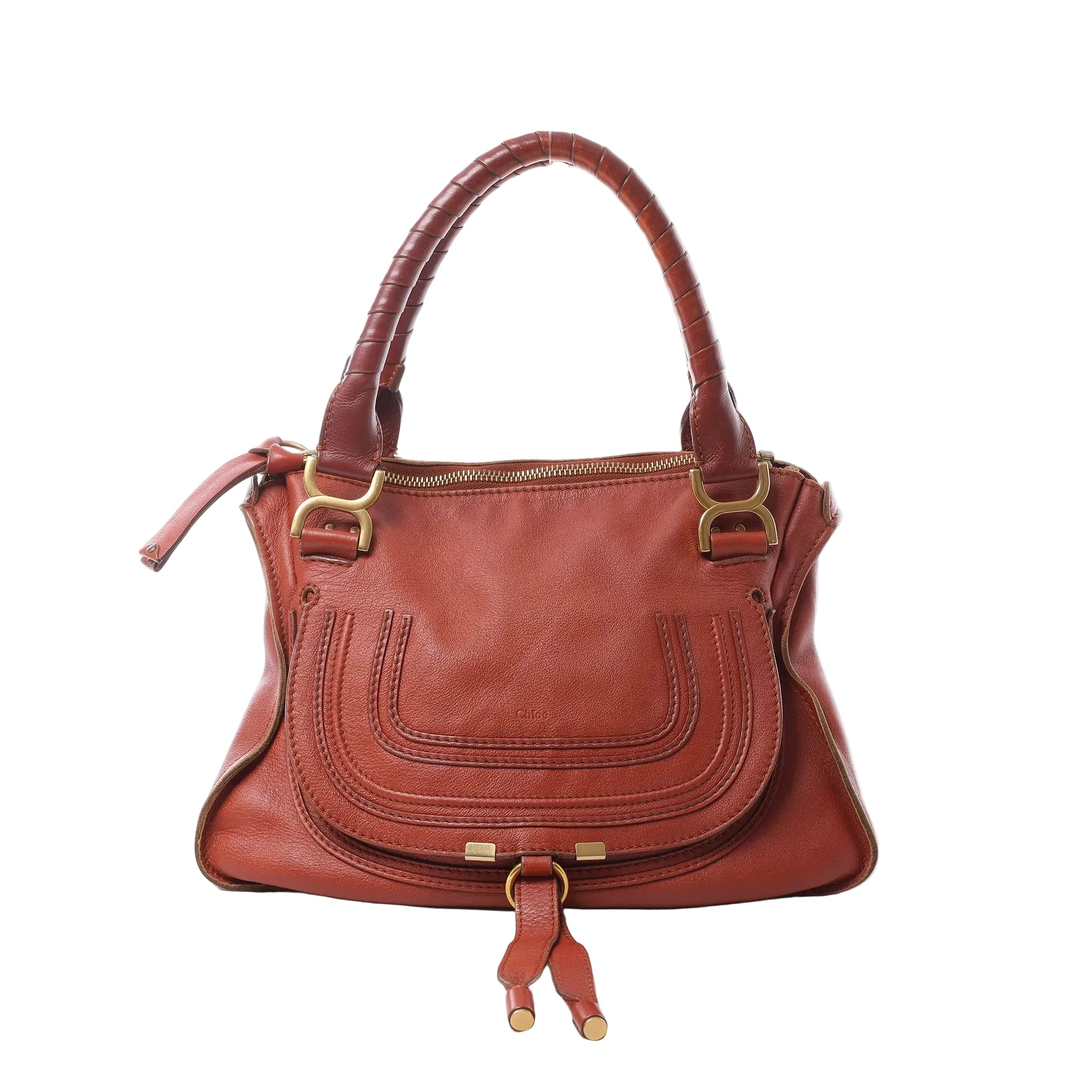 Chloé Marcie Medium handbag in warm brown leather with wrapped top handles, curved front stitching, top zip and gold-tone hardware.
