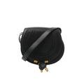 Black Chloé Marcie Mini leather crossbody bag with rounded stitched flap, gold-tone hardware accents, and adjustable shoulder strap.