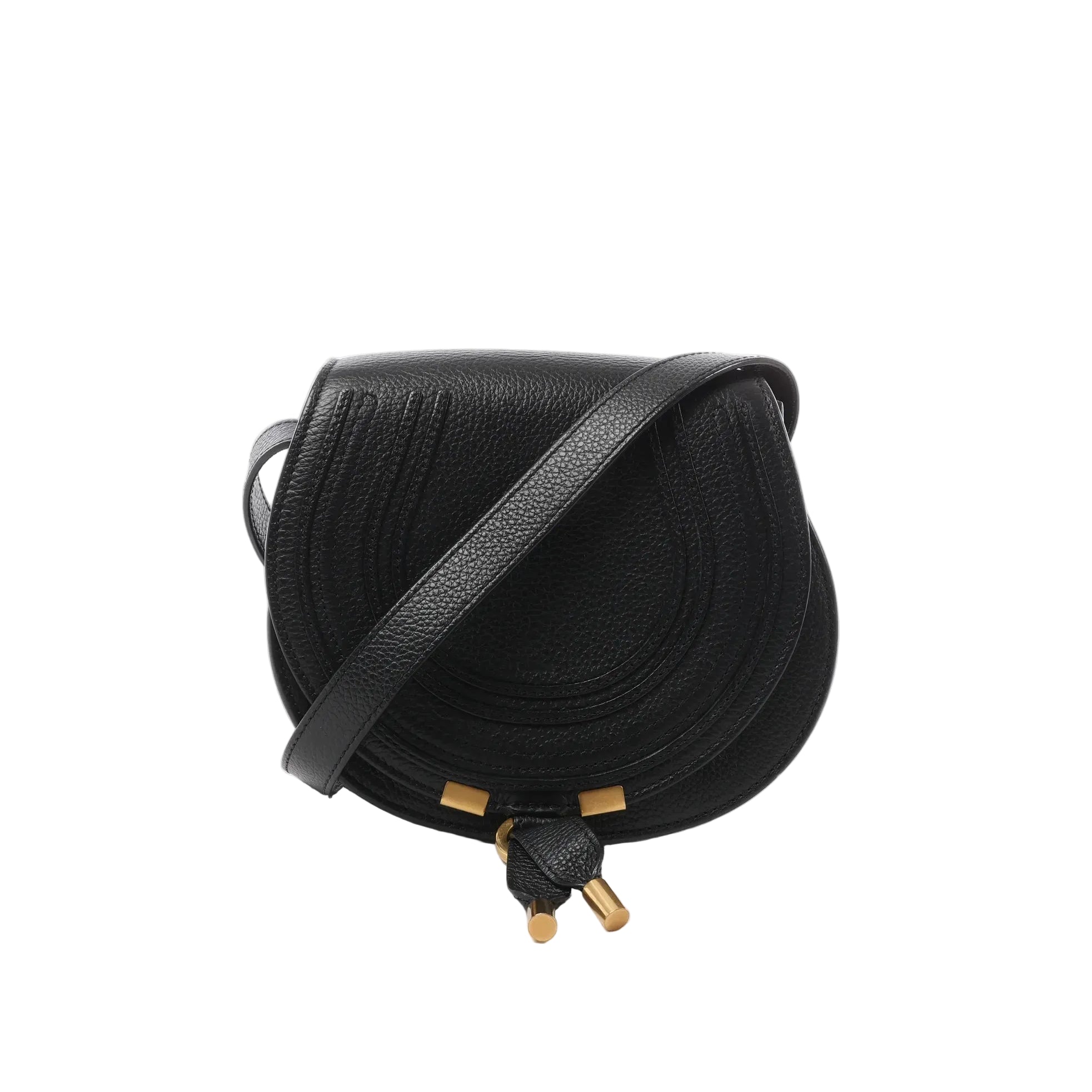 Black Chloé Marcie Mini leather crossbody bag with rounded stitched flap, gold-tone hardware accents, and adjustable shoulder strap.
