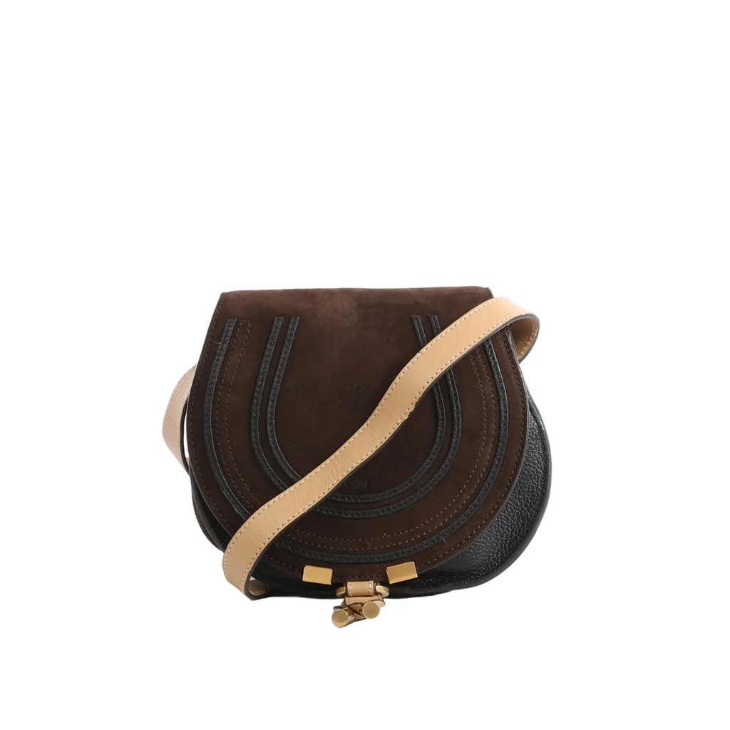 Chloé Marcie Mini crossbody bag in brown suede and black pebbled leather with beige leather shoulder strap and gold-tone hardware, front view on white background.