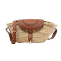 Chloé Marcie Small Basket bag in beige woven raffia with a curved brown leather flap, decorative stitching, leather strap and gold-tone hardware.