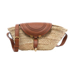 Chloé Marcie Small Basket bag in beige woven raffia with a curved brown leather flap, decorative stitching, leather strap and gold-tone hardware.