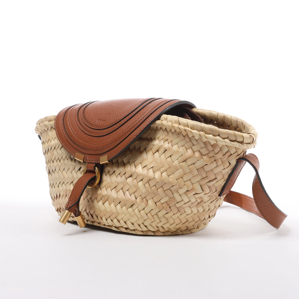 Chloe Marcie Small Raffia x Leather Crossbody Bag in Beige × Brown