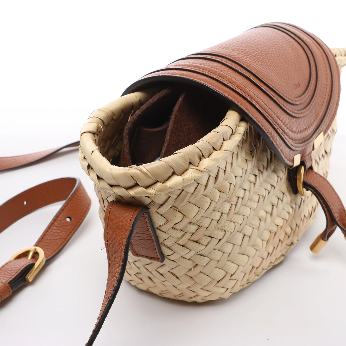 Chloe Marcie Small Raffia x Leather Crossbody Bag in Beige × Brown