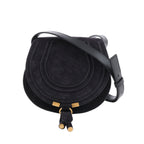 Chloé Marcie Mini Crossbody Bag in black suede with tonal leather trim, gold-tone hardware, and adjustable leather shoulder strap.