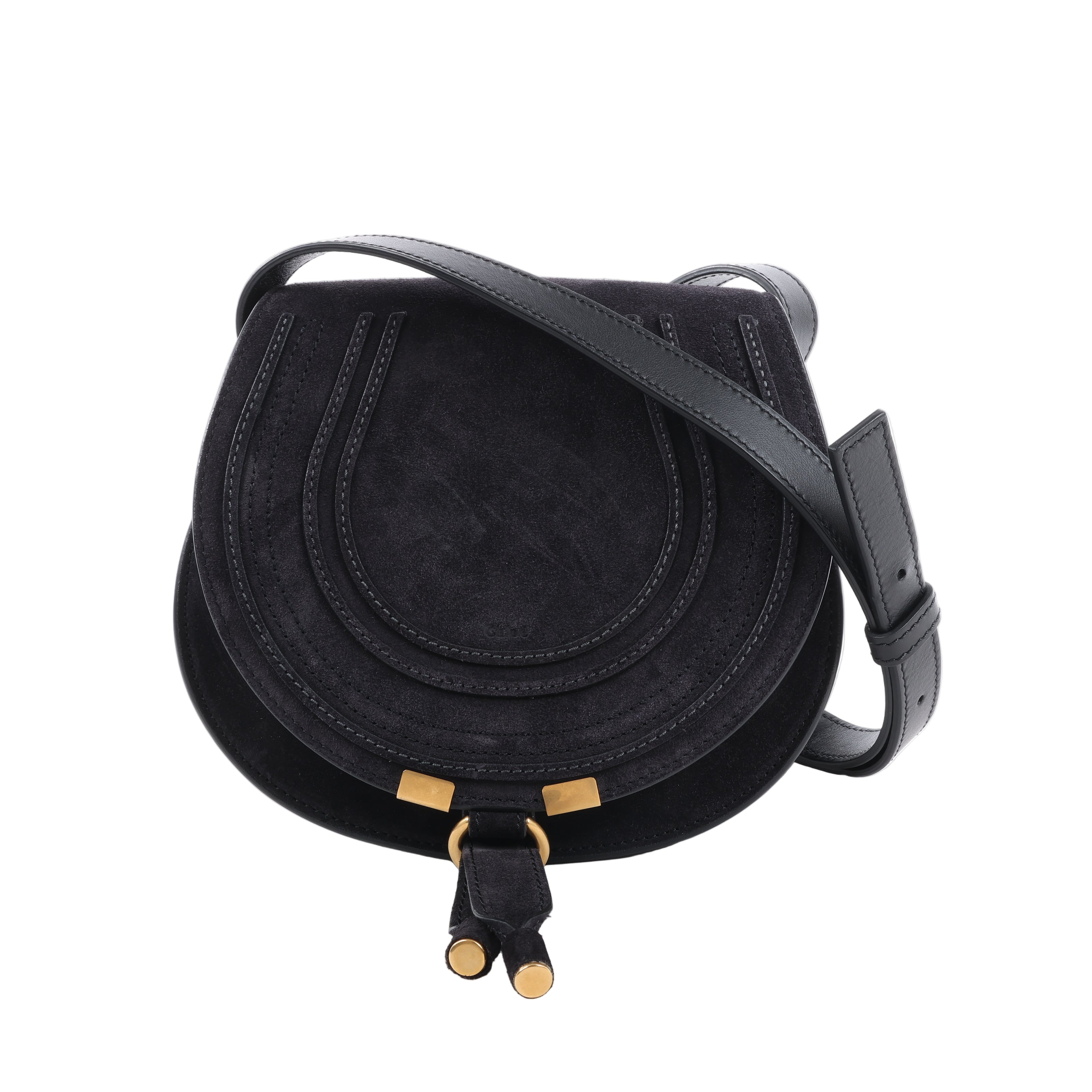 Chloé Marcie Mini Crossbody Bag in black suede with tonal leather trim, gold-tone hardware, and adjustable leather shoulder strap.