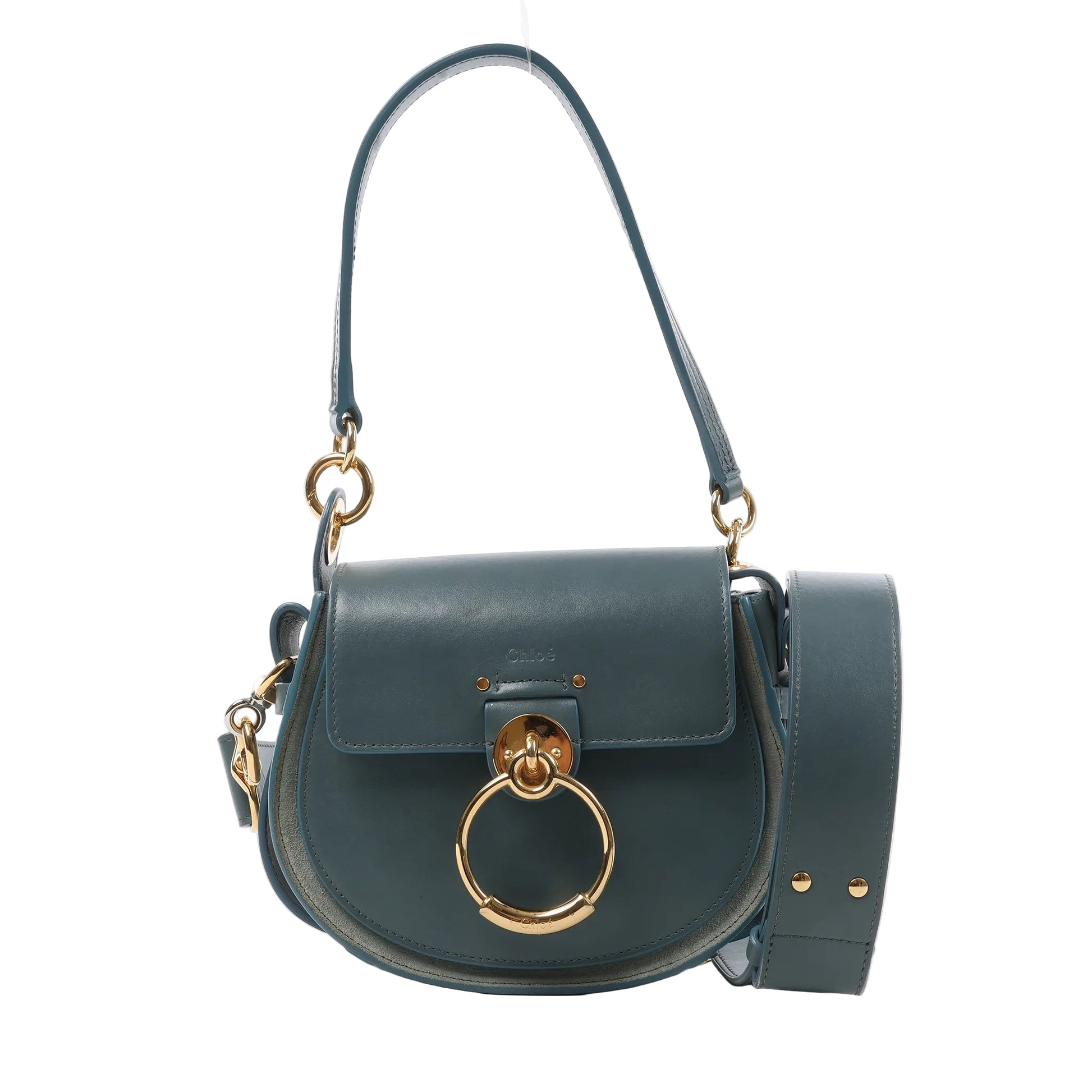 Front view of the Chloé Tess Small Leather 2Way Handbag in blue, showcasing a rounded saddle-style silhouette, gold-tone oversized ring detail on the flap, top handle, detachable shoulder strap, and smooth leather finish, displayed against a white background.