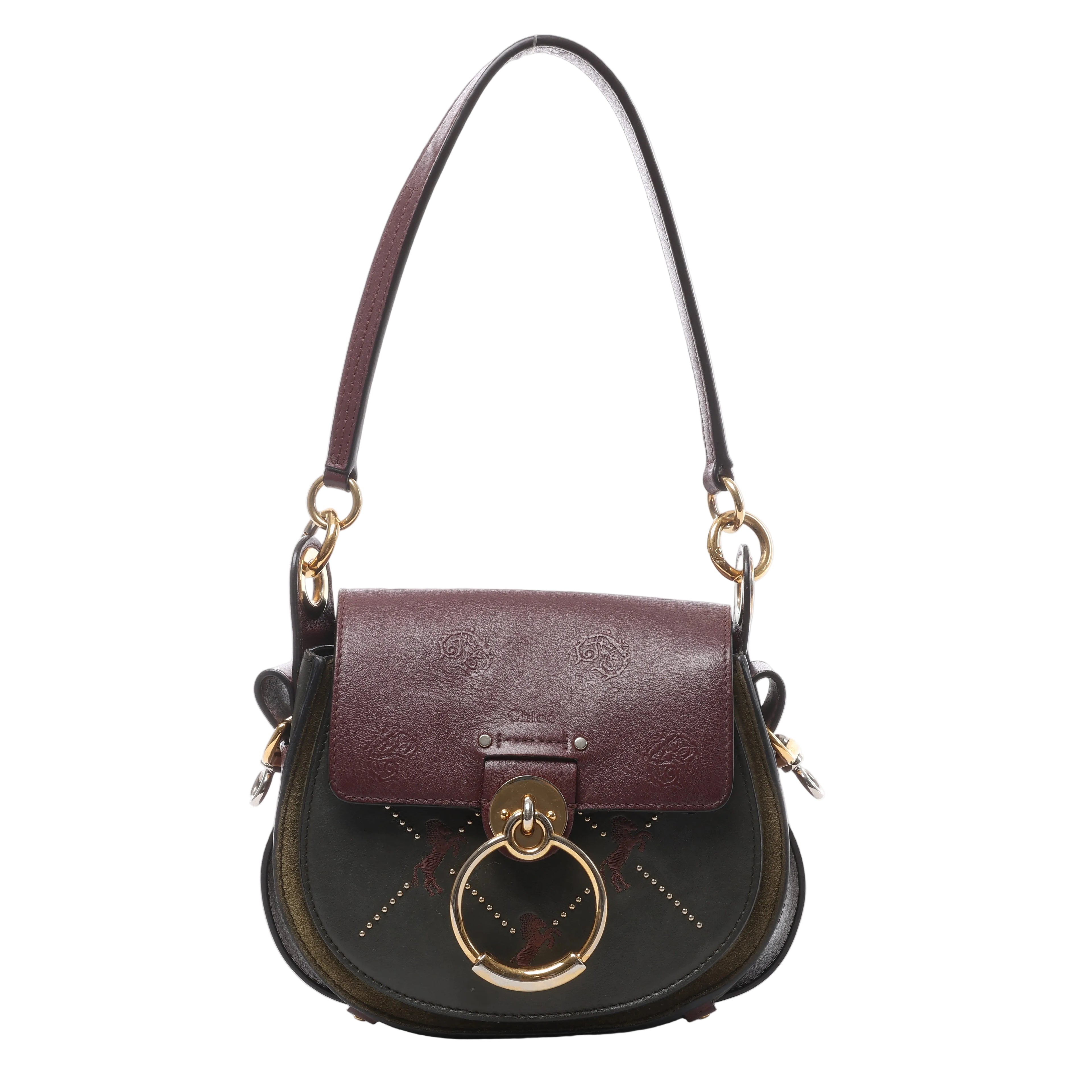 Chloé Tess shoulder bag in dark green and Bordeaux leather and suede with gold-tone ring hardware, embossed flap and decorative stud detailing.