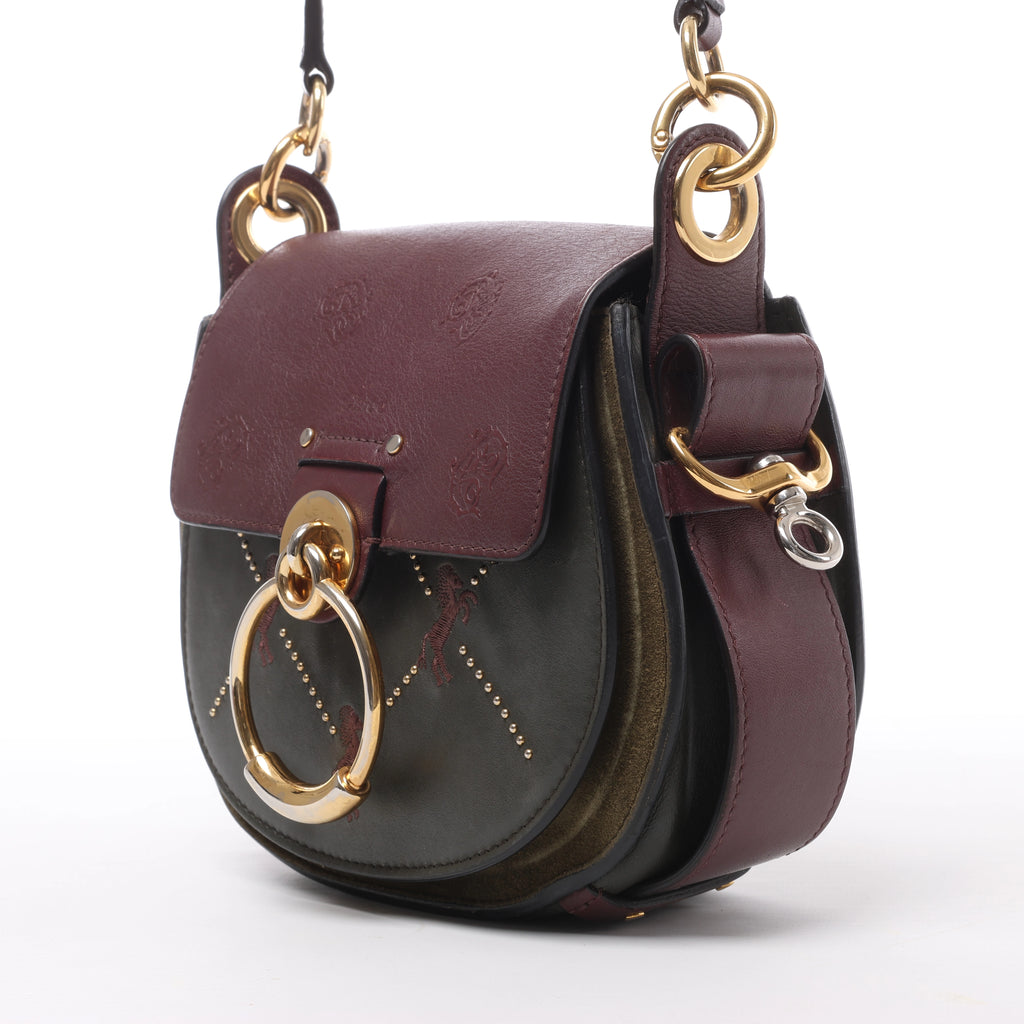 Chloe Tess Leather & Suede Shoulder bag in Green x Bordeaux