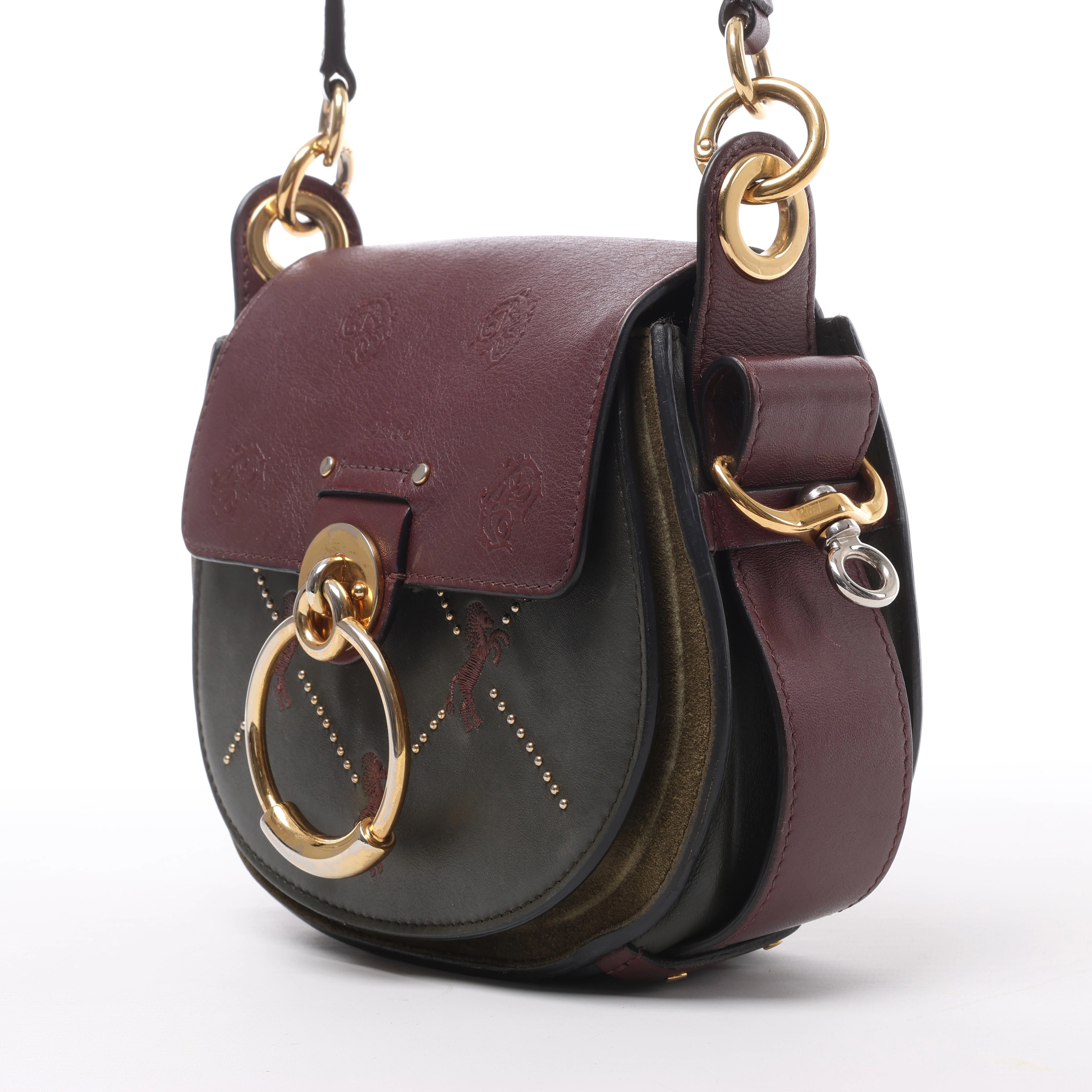 Chloe Tess Leather & Suede Shoulder bag in Green x Bordeaux