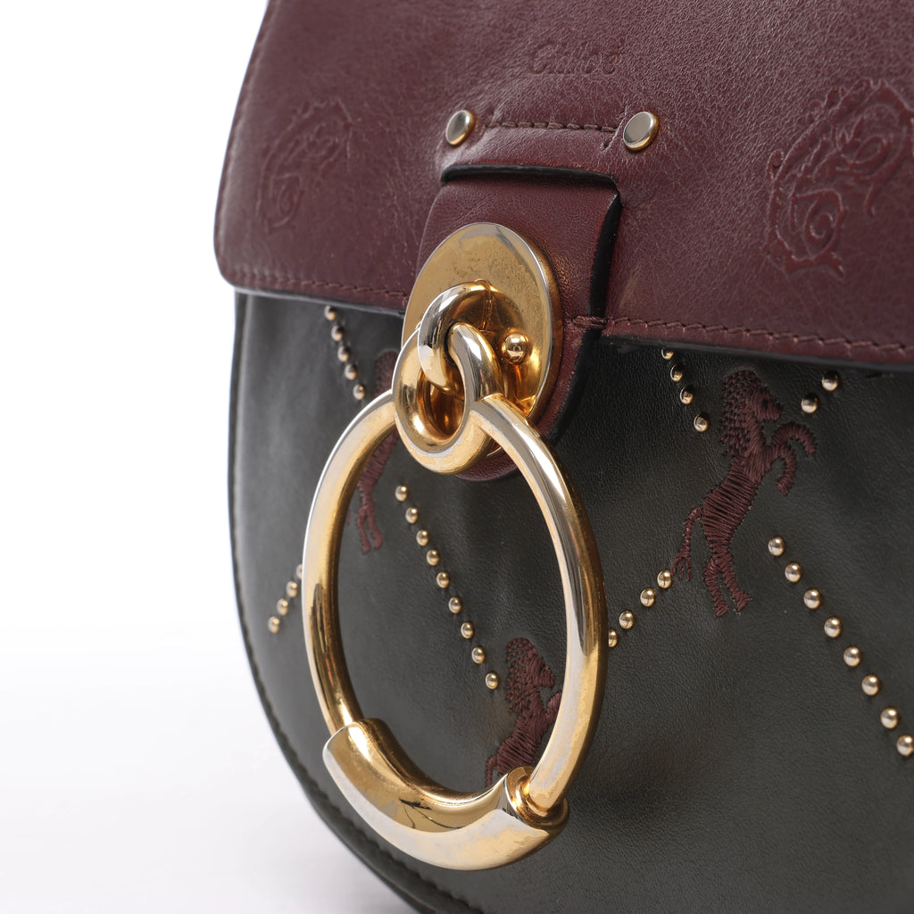 Chloe Tess Leather & Suede Shoulder bag in Green x Bordeaux