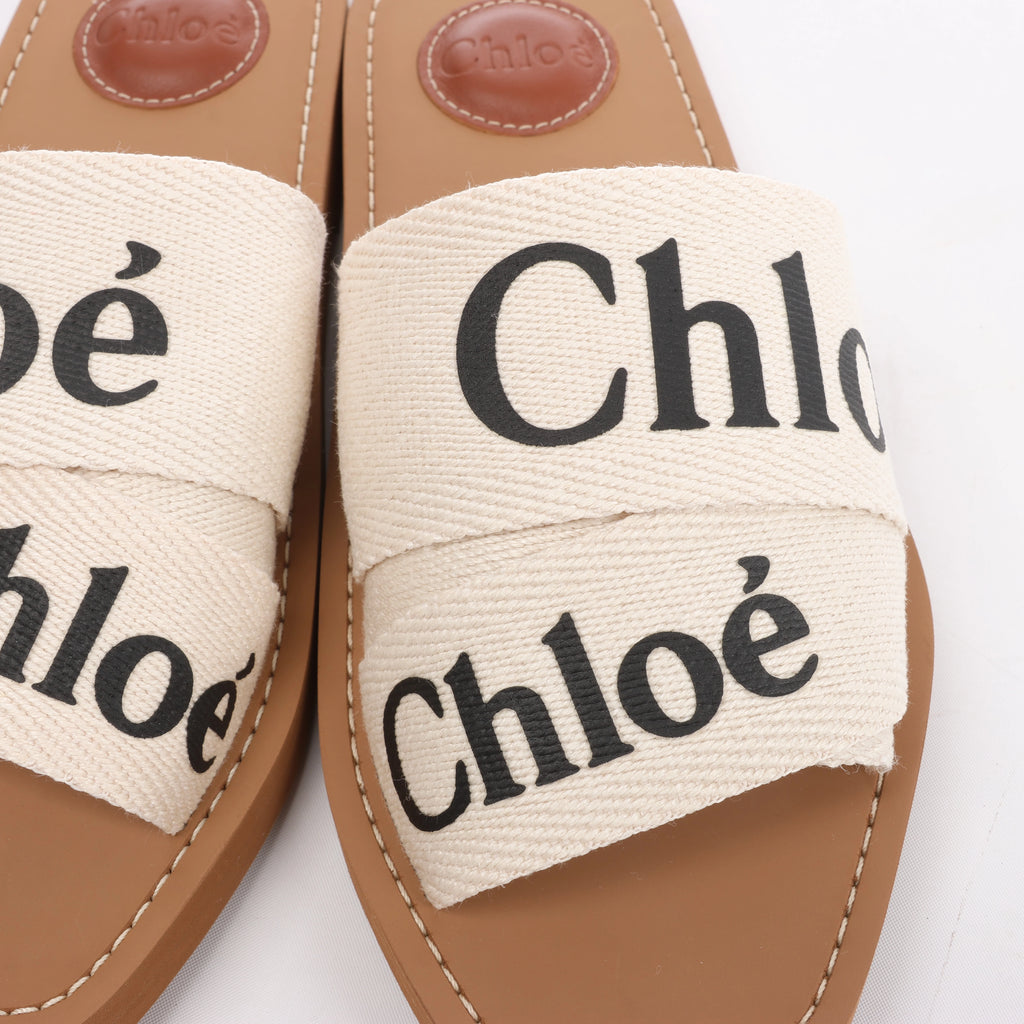 Chloe Woody Fabric Sandals in Beige 223252, Size EU 37