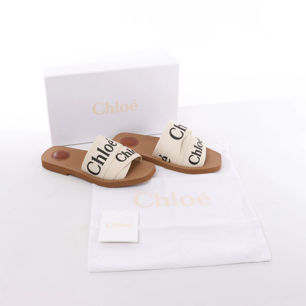 Chloe Woody Fabric Sandals in Beige 223252, Size EU 37