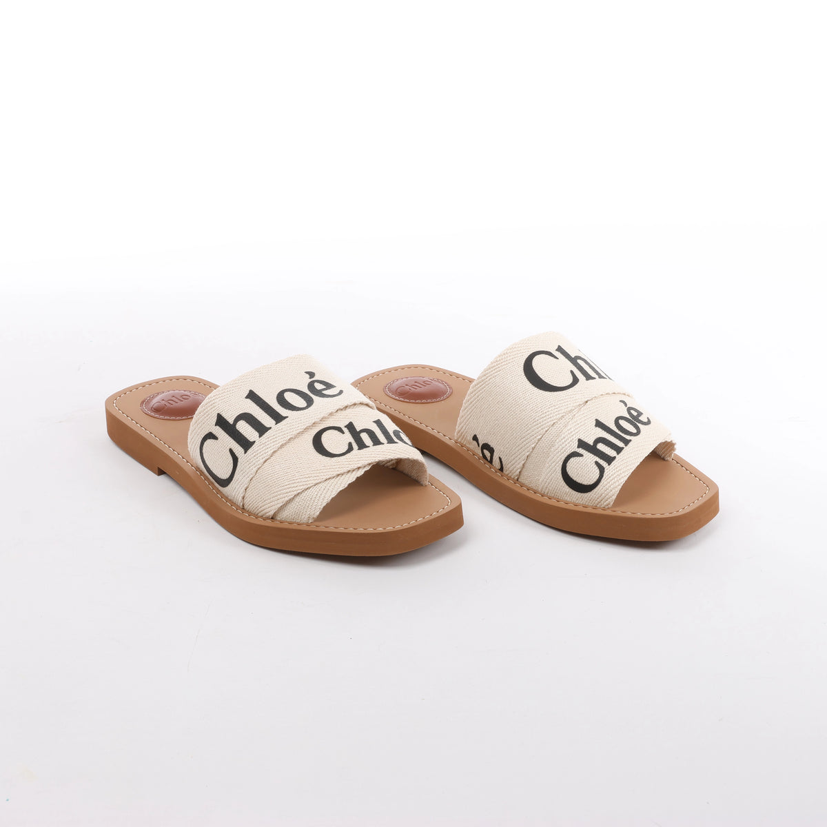 Chloe Woody Fabric Sandals in Beige 223252, Size EU 37