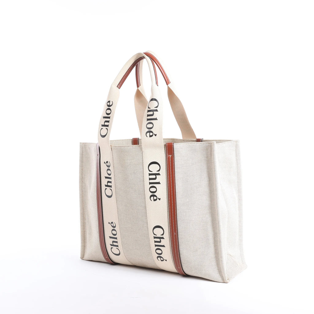 CHLOE Woody Large Canvas & Leather Tote Shoulder bag in Beige x Brown
