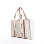 CHLOE Woody Large Canvas & Leather Tote Shoulder bag in Beige x Brown