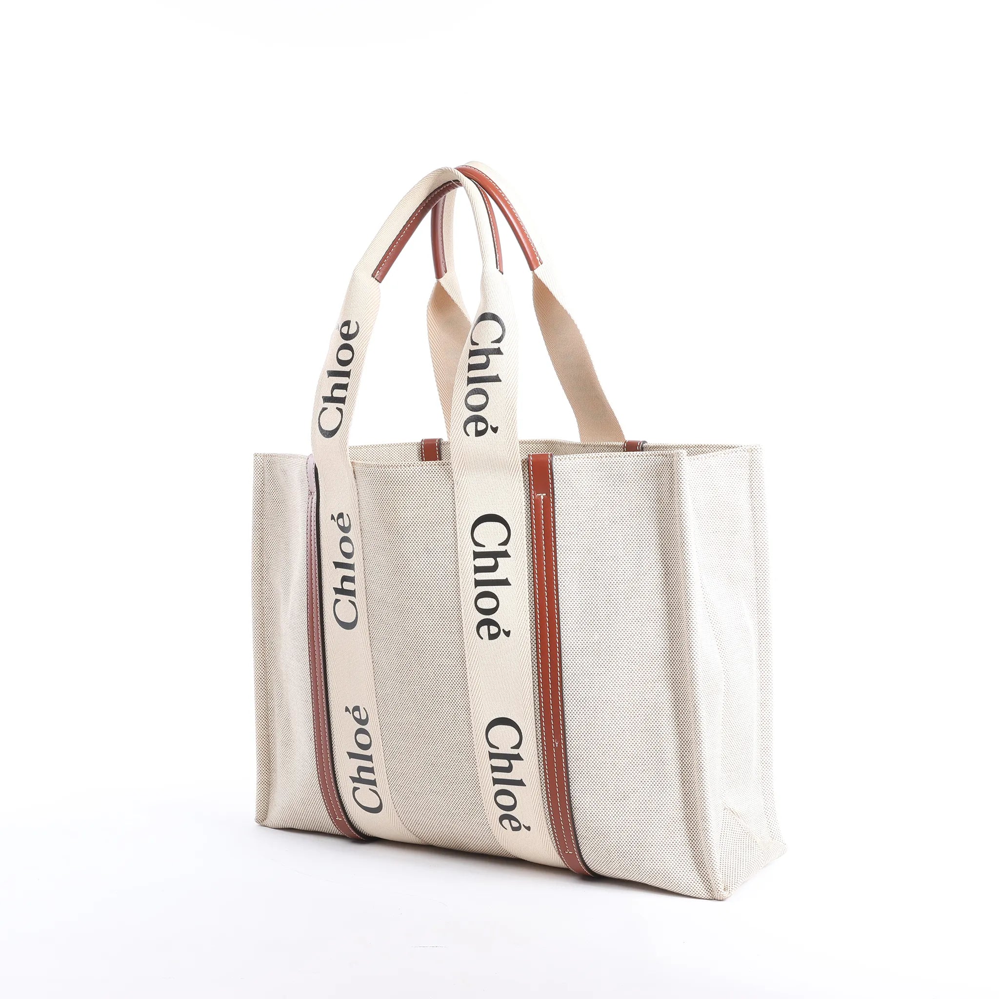 CHLOE Woody Large Canvas & Leather Tote Shoulder bag in Beige x Brown