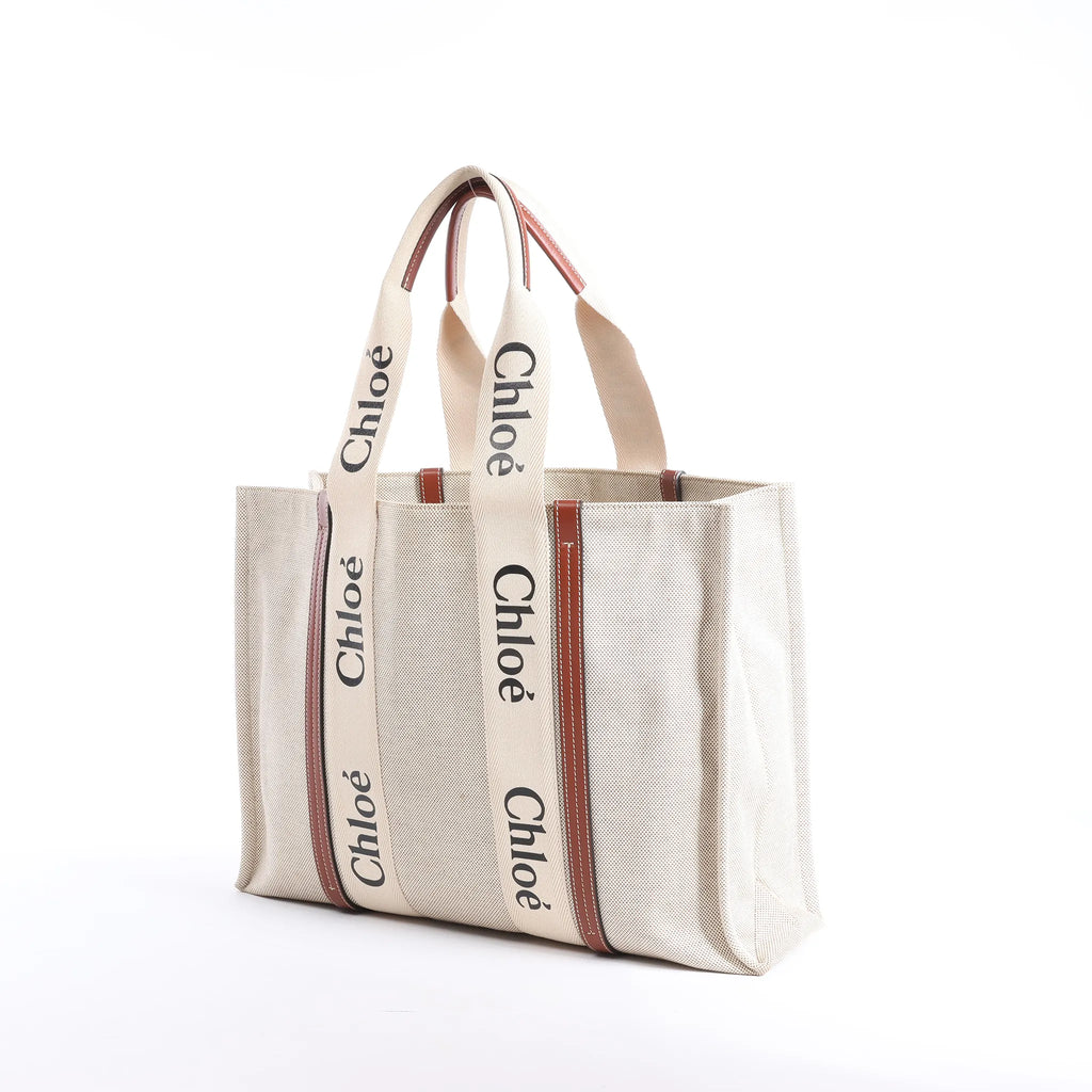 CHLOE Woody Large Canvas & Leather Tote Shoulder bag in Beige x Brown