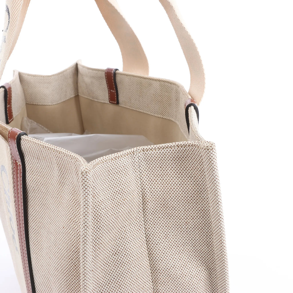 CHLOE Woody Large Canvas & Leather Tote Shoulder bag in Beige x Brown