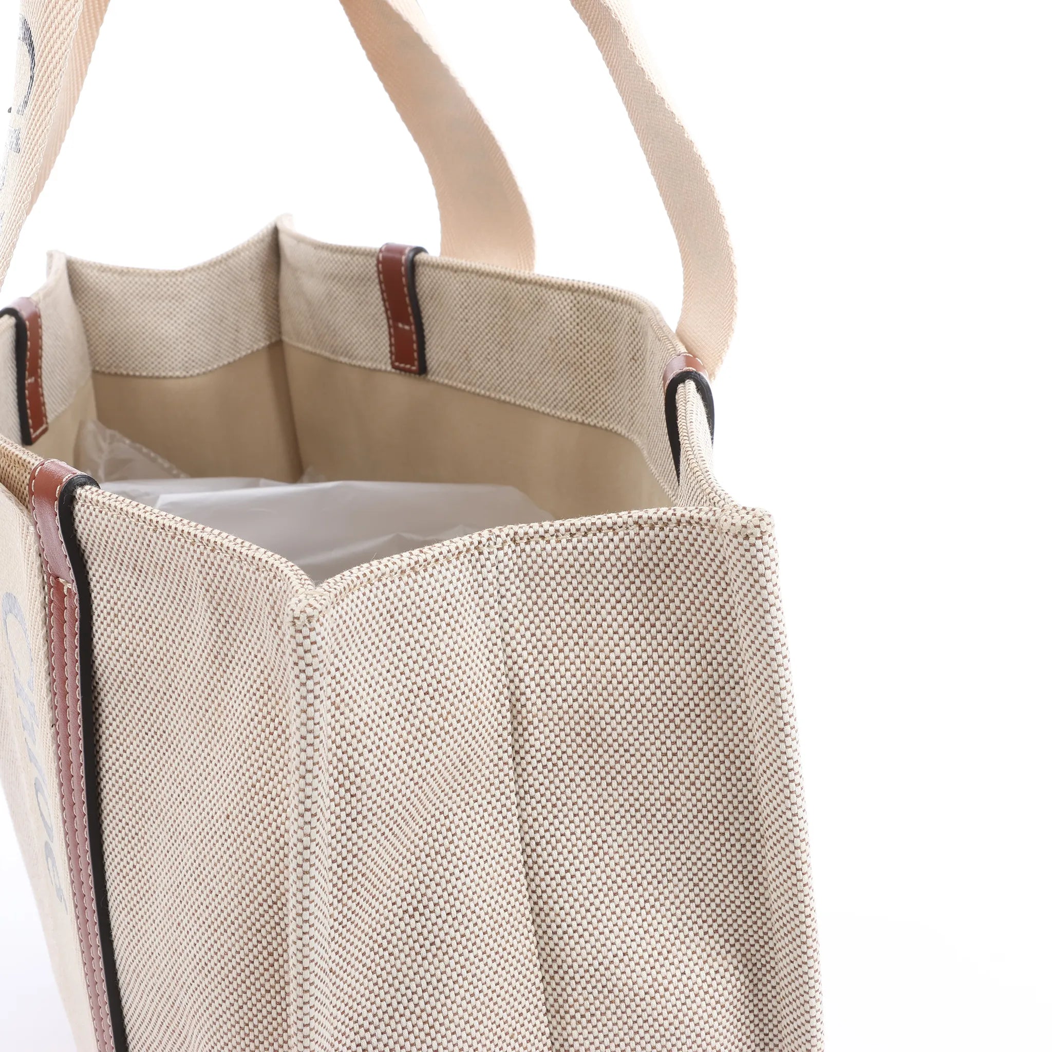 CHLOE Woody Large Canvas & Leather Tote Shoulder bag in Beige x Brown