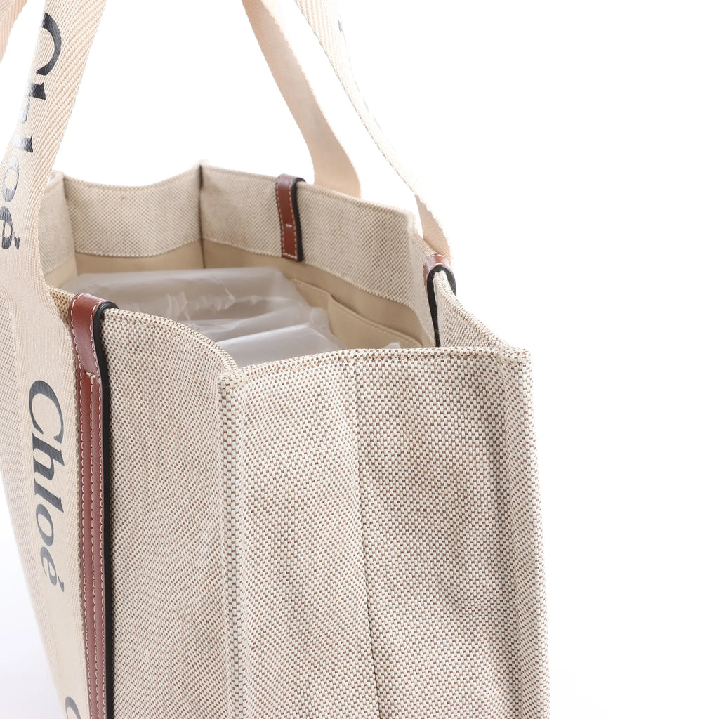 CHLOE Woody Large Canvas & Leather Tote Shoulder bag in Beige x Brown