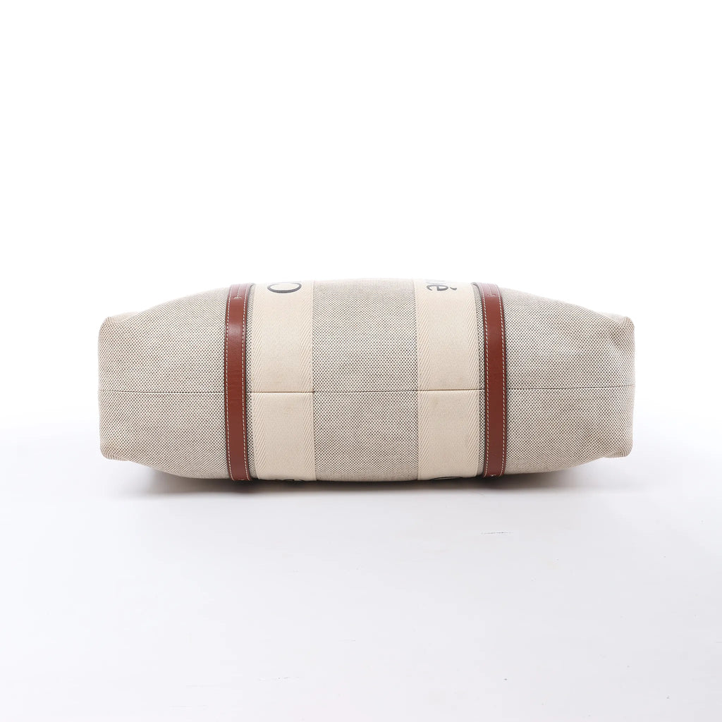 CHLOE Woody Large Canvas & Leather Tote Shoulder bag in Beige x Brown