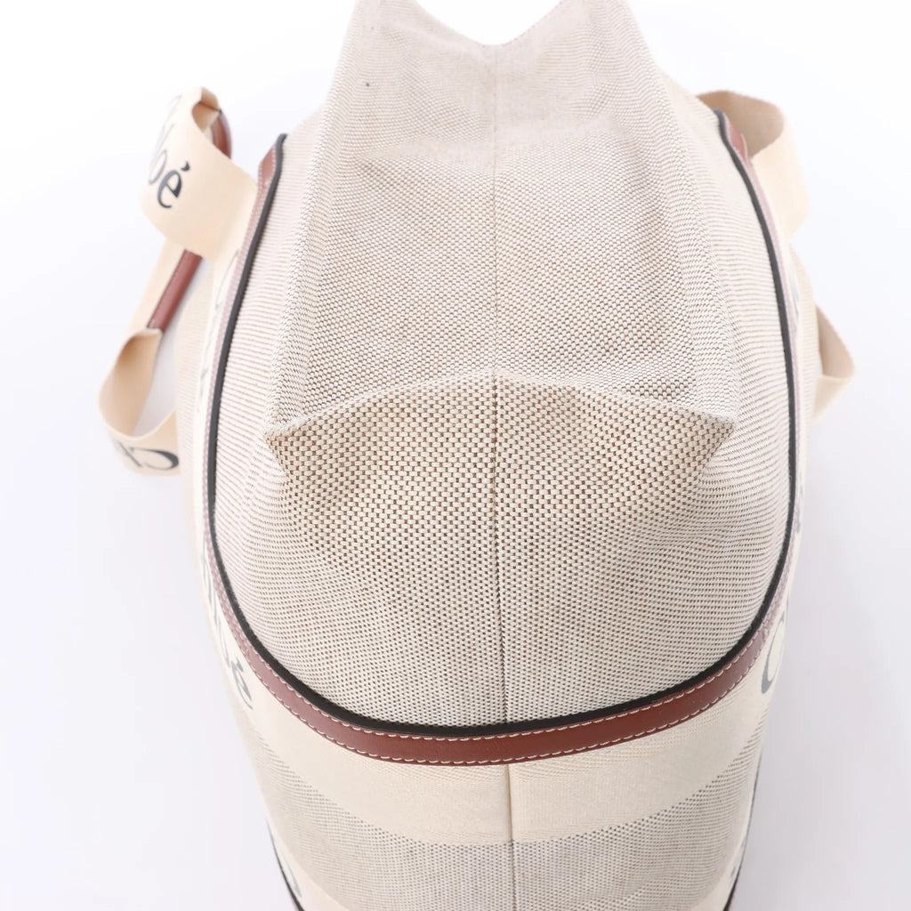 CHLOE Woody Large Canvas & Leather Tote Shoulder bag in Beige x Brown