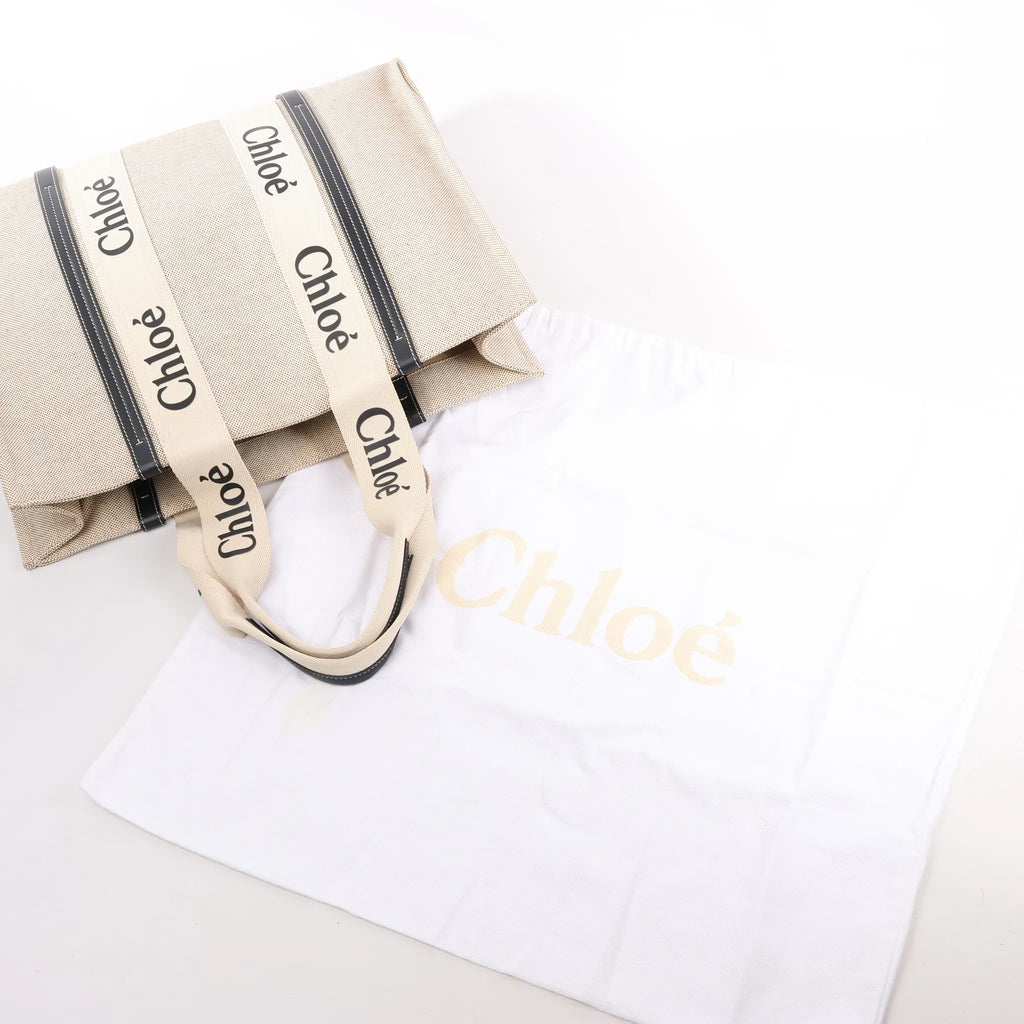 CHLOE Woody Large Canvas & Leather Tote Shoulder bag in Black x Beige