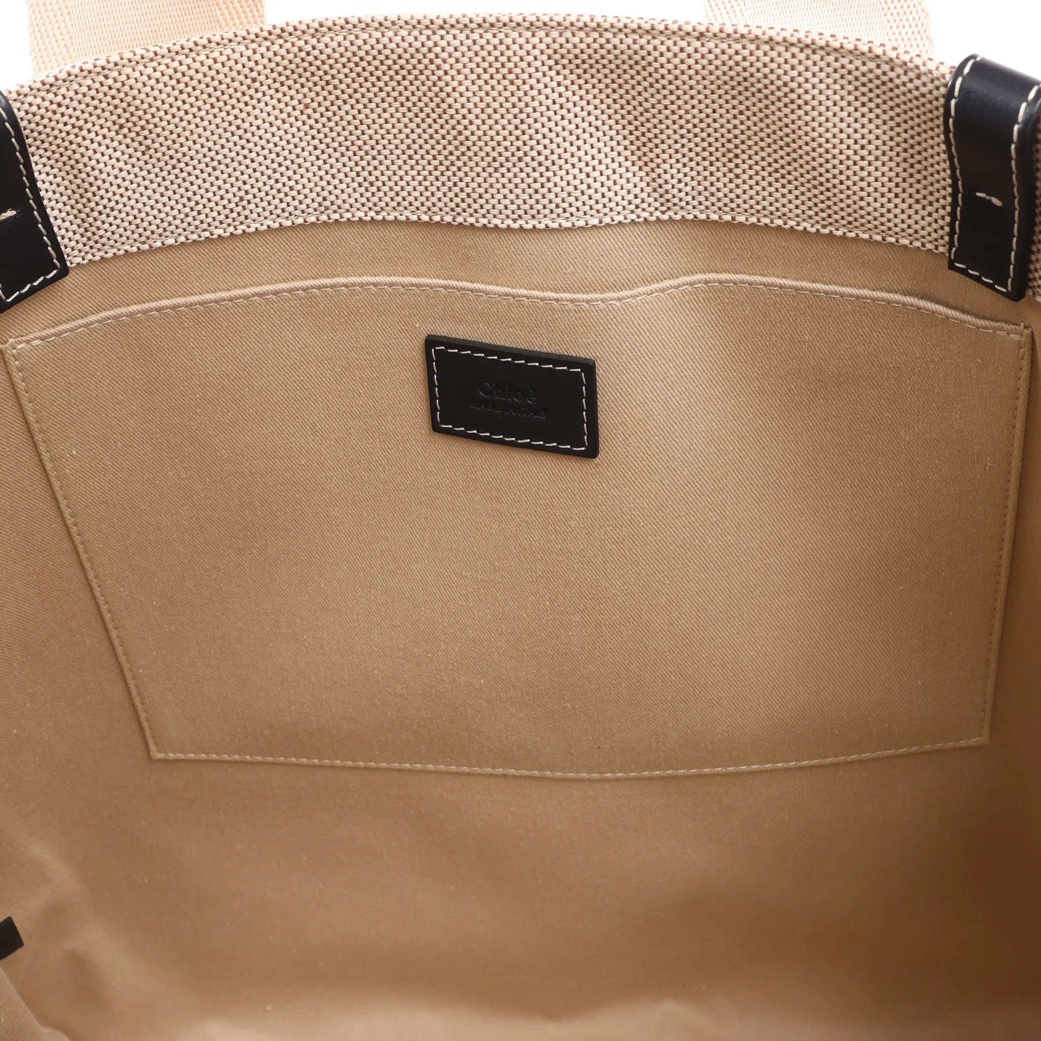 CHLOE Woody Large Canvas & Leather Tote Shoulder bag in Black x Beige