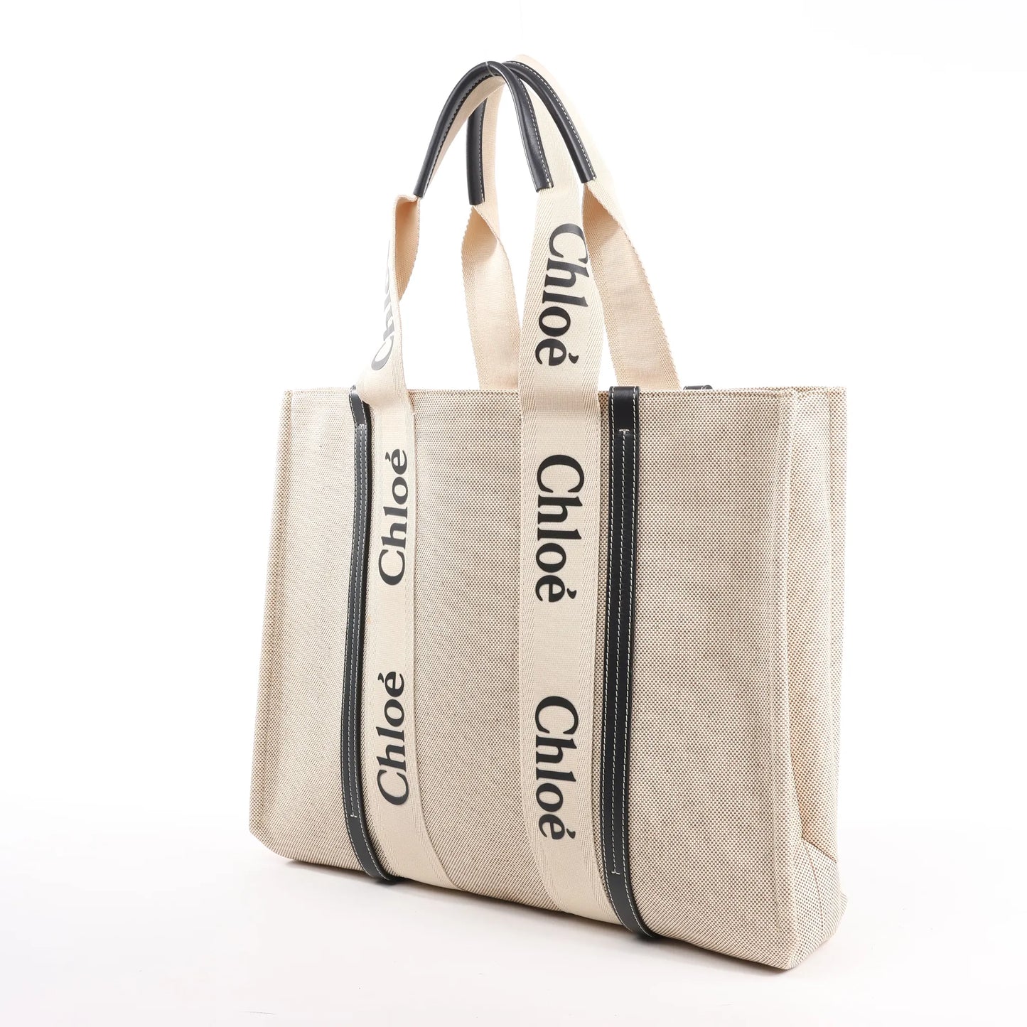 Grand sac fourre-tout en toile et cuir CHLOE Woody, noir et beige