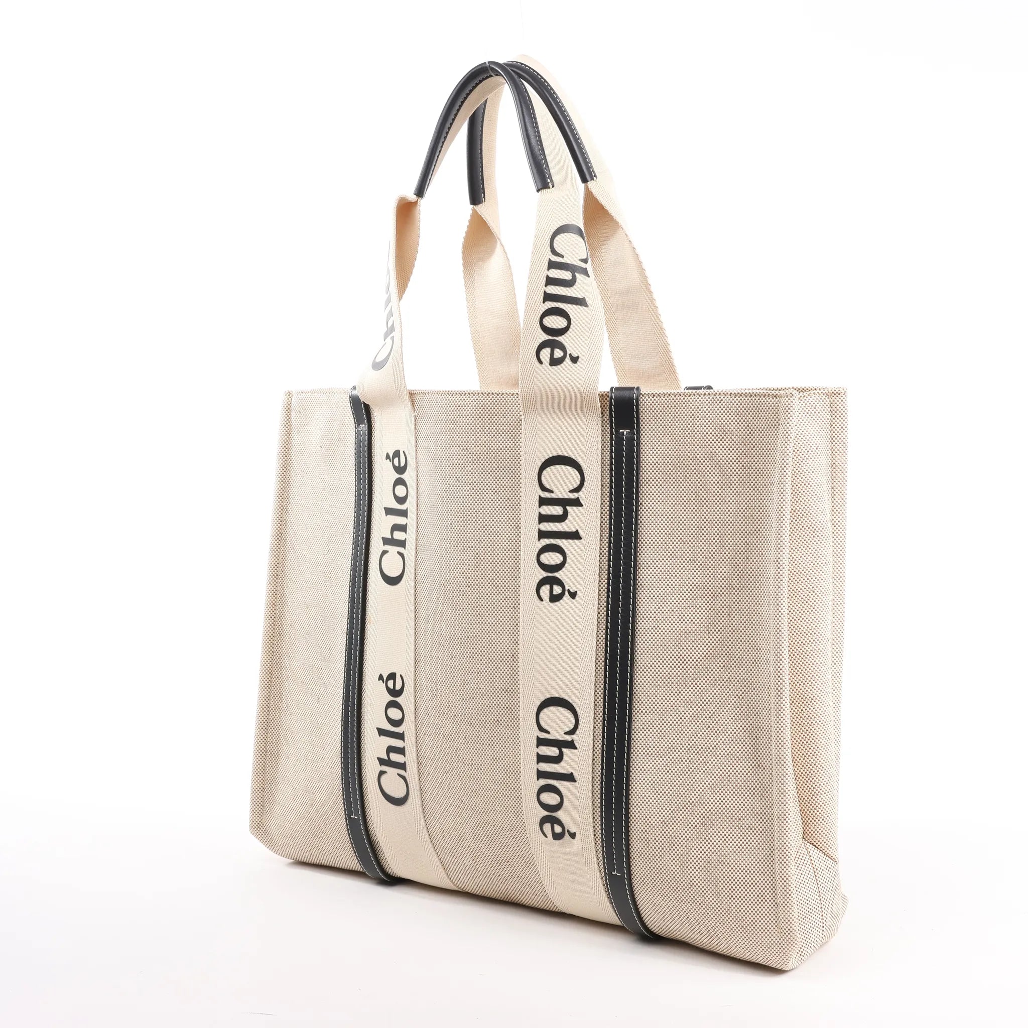 CHLOE Woody Large Canvas & Leather Tote Shoulder bag in Black x Beige