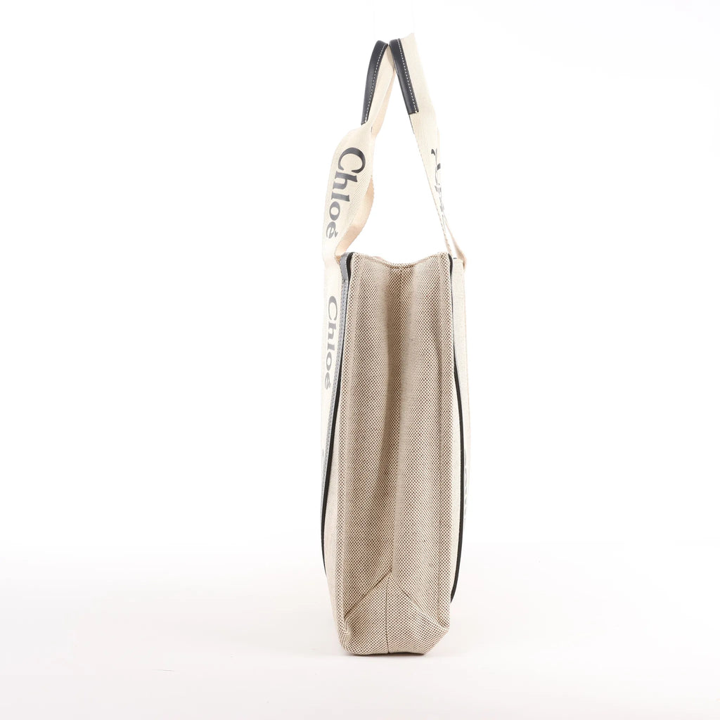 CHLOE Woody Large Canvas & Leather Tote Shoulder bag in Black x Beige
