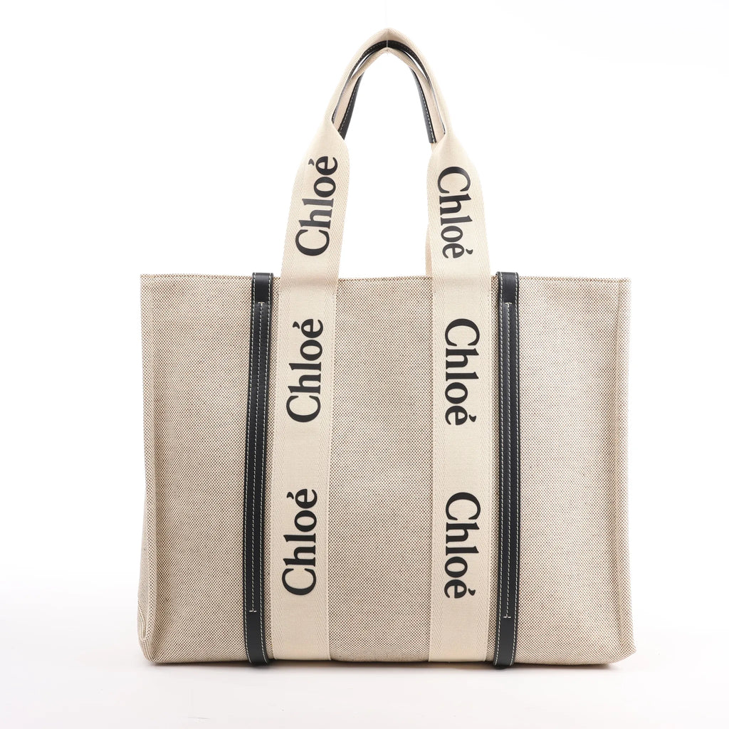 CHLOE Woody Large Canvas & Leather Tote Shoulder bag in Black x Beige