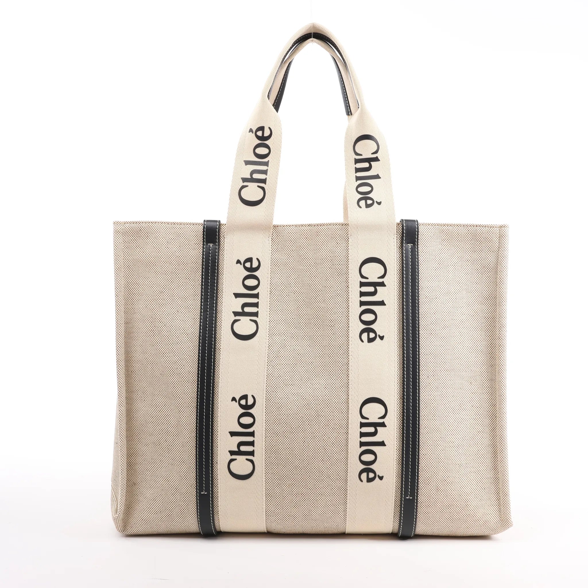 CHLOE Woody Large Canvas & Leather Tote Shoulder bag in Black x Beige