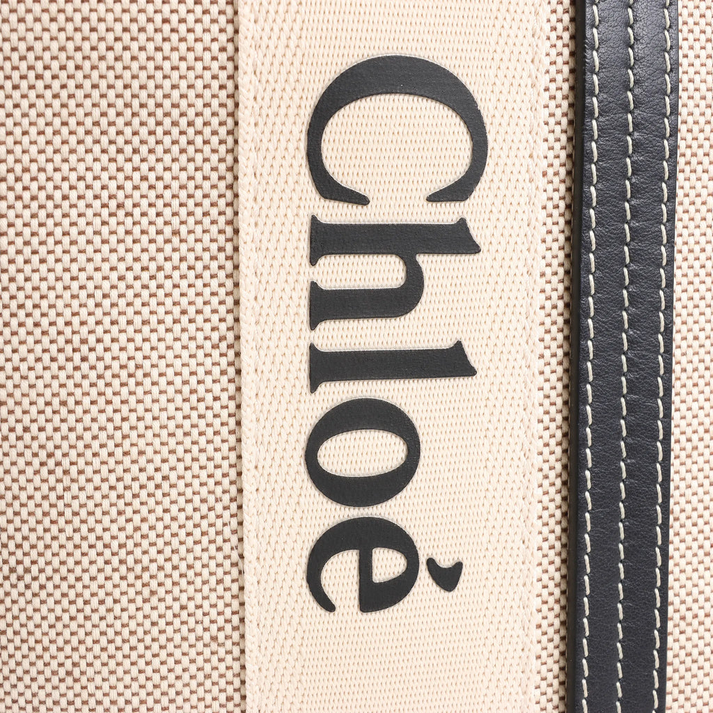 CHLOE Woody Large Canvas & Leather Tote Shoulder bag in Black x Beige