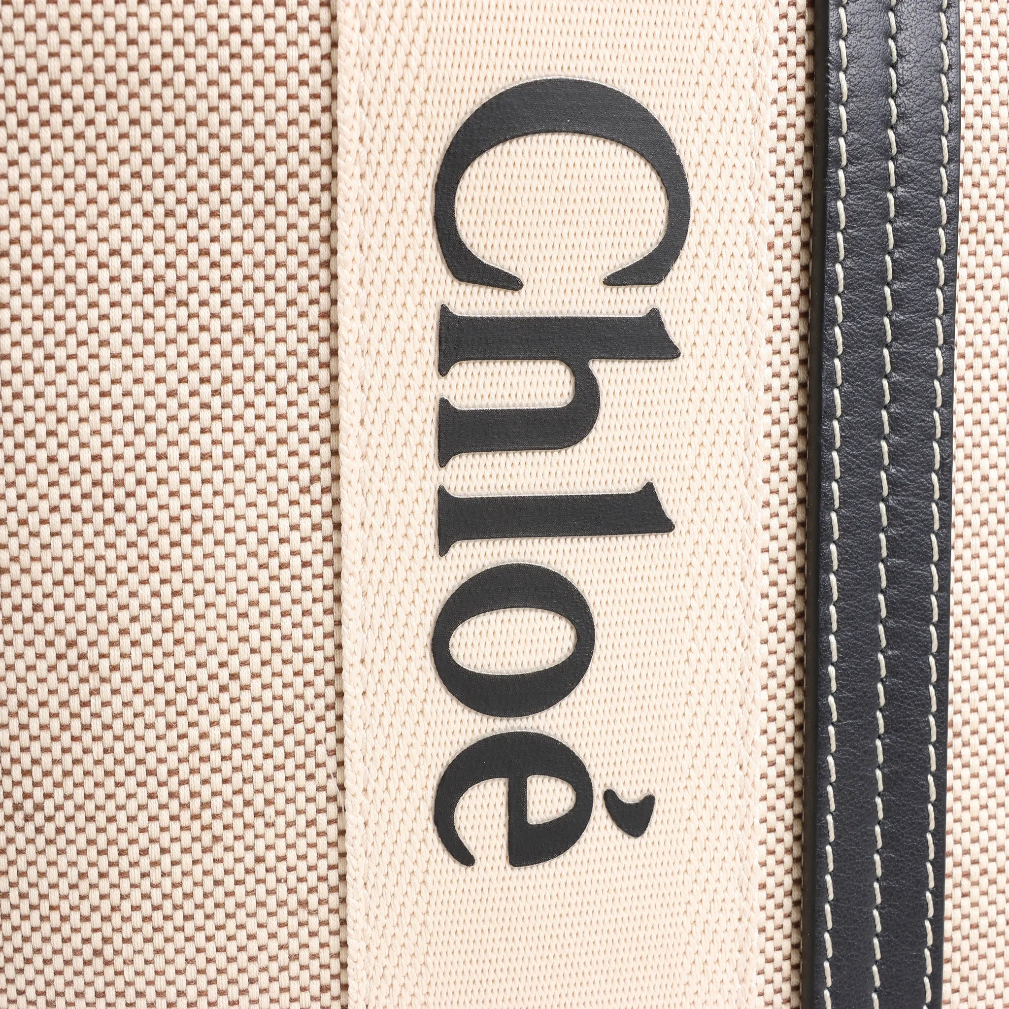 CHLOE Woody Large Canvas & Leather Tote Shoulder bag in Black x Beige
