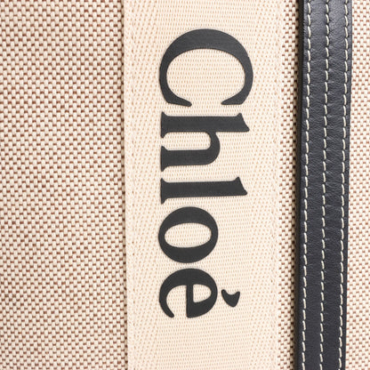 CHLOE Woody Large Canvas & Leather Tote Shoulder bag in Black x Beige
