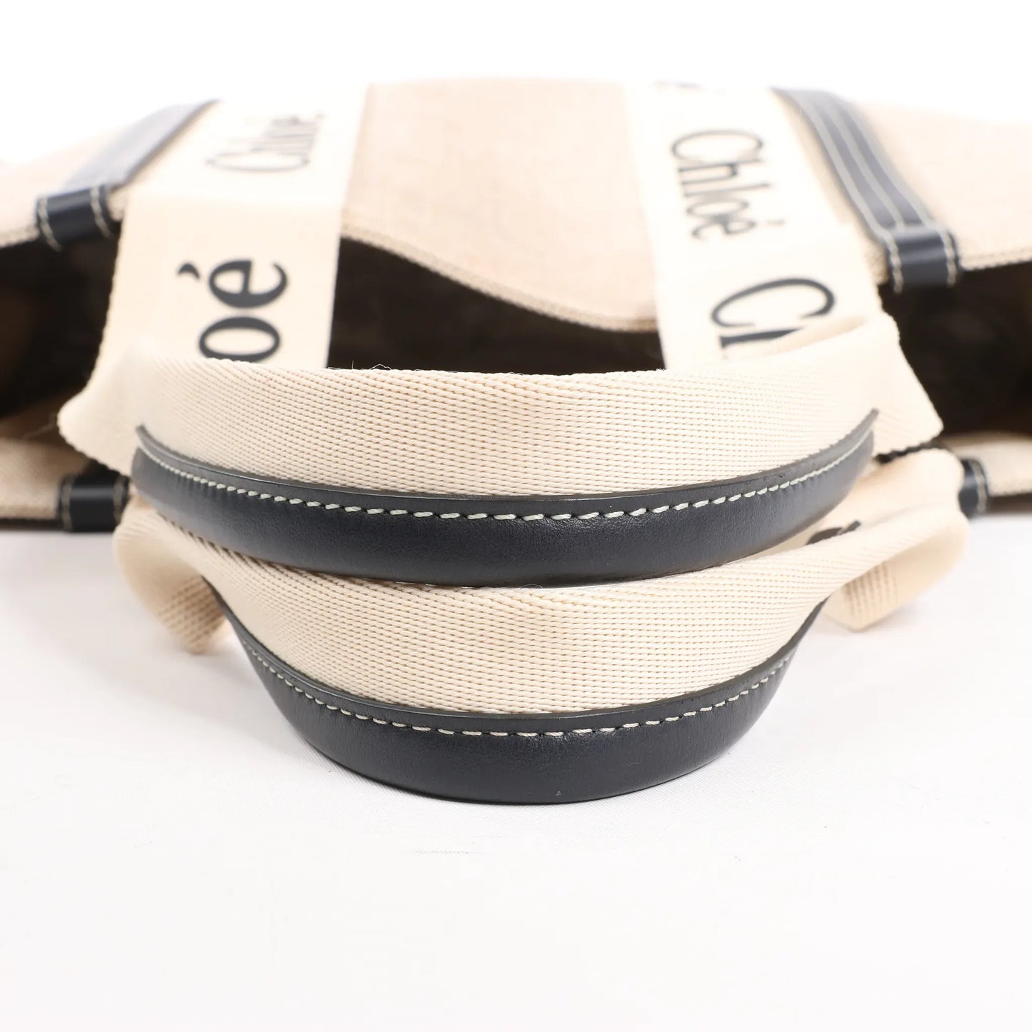 CHLOE Woody Large Canvas & Leather Tote Shoulder bag in Black x Beige